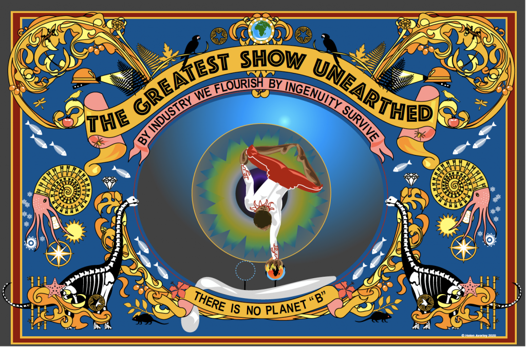 the image is a design resembling a miner's banner and showman's 