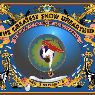 the image is a design resembling a miner's banner and showman's